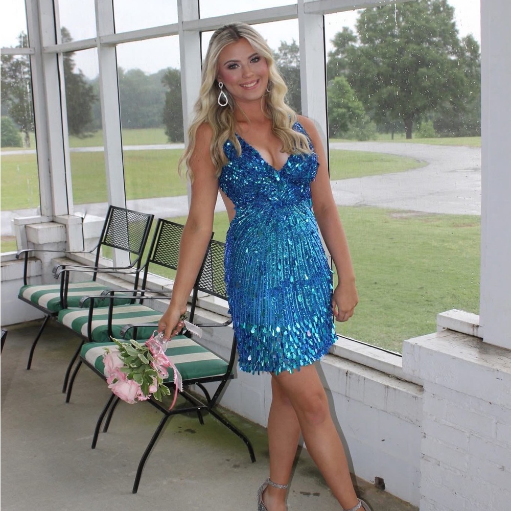Sherri Hill Style 56697 Peacock Blue Mini Formal - Picture 3 of 10
